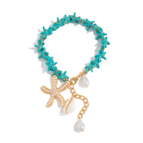 Gold Starfish Shell Pearl Charm Ankle Bracelet Summer Beach Foot Jewelry - color: Blue