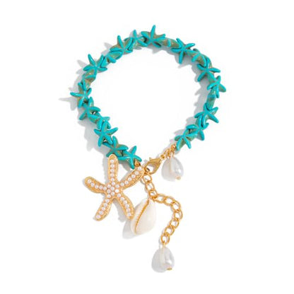 Gold Starfish Shell Pearl Charm Ankle Bracelet Summer Beach Foot Jewelry - color: Blue