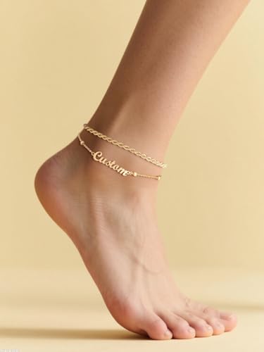 FindChic Custom Ankle Bracelets for Women, Stainless Steel Figaro/Cuban/Wheat/Rope/Herringbone Chain Anklets, Beach Foot Jewelry 8.5''-10.5'' Adjustable & Waterproof, with Gift Box - style: Rope Chain-Gold