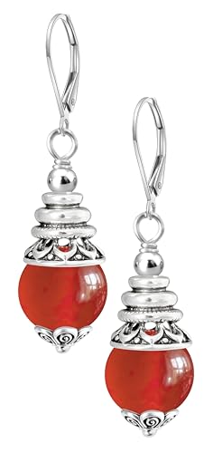 Natural 10mm Stone Beads Drop Earrings,Retro Silver Round Quartz Crystal Gemstone Beads Dangle Earrings for Women - color: A12_Red Quartz Jasper
