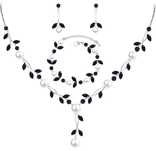 Luxury Cubic Zirconia Aurtrian Crystal Pearl Floral Necklace Dangle Earrings Wedding Bridal Jewelry Set Birthday Gifts for Her - color: Style02-Black-Silver Plated