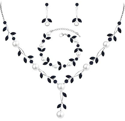 Luxury Cubic Zirconia Aurtrian Crystal Pearl Floral Necklace Dangle Earrings Wedding Bridal Jewelry Set Birthday Gifts for Her - color: Style02-Black-Silver Plated