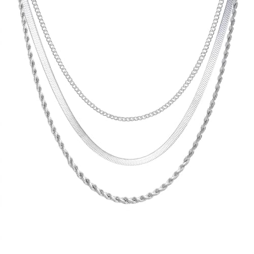 18K Gold Plated Necklace Bracelet Set Womens Stackable Adjustable Stainless Steel Minimalist Modern Everyday Jewelry Gift Gold and Silver - style: 3 Pcs Silver klacesNec