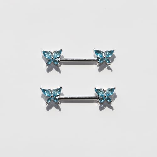 BSJ4U Nipple Piercing Jewelry 14G Stainless Steel Nipple Rings for Women Heart Butterfly Flower Bow Nipple Barbells - color: Blue CZ Nipple Piercing Jewelry