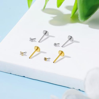 Flat Back Earrings Tragus Lip Nose Ring Studs Body Piercing Jewelry | 316L Stainless Steel 20G 18G Labret Monroe Cartilage Conch Helix - color: 8mm 20G 12Pcs