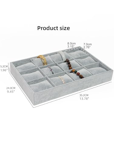 Jewelry Watch Tray, Grey Velvet Watch Jewelry Organizer 12 Grid, Stackable Watch Bracelet Bangle Display Holder, Adjustable Pillows, for Man Woman Show Birthday - color: Grey