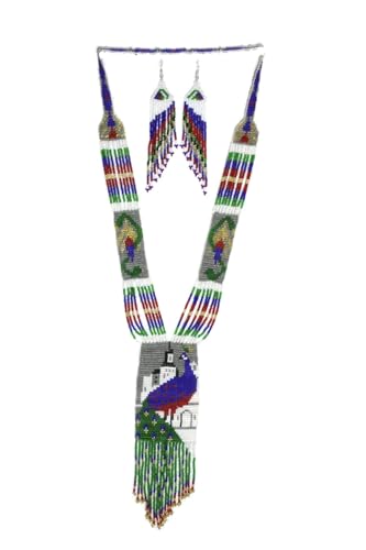 Long Beaded Necklace – Boho Native Handmade Seed Bead Tassel Necklace, Bohemian Large Statement Beaded Necklace for Women - color: Golden Grey Black White