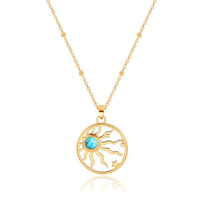 Aobei Pearl 18K Gold Plated Pendant Necklace for Women Dainty Gold Chain Choker Love Heart Disc Coin Pearl Cross Toggle Jewelry - style: Green-blue Turquoise Sun