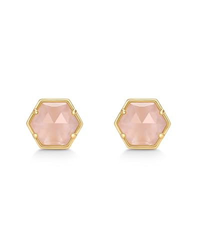 PAVOI 14K Gold Plated Hexagon Gemstone Stud Earrings for Women | Natural Birthstone Earring Pair - color: Rose Quartz