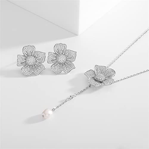 Crystal Flower Drop Y Necklace for Women Cubic Zirconia Diamond Shell Pearl Charms Pendant Choker Chain Adjustable Fashion Shiny Wedding Birthday Anniversary Jewelry Gift Box