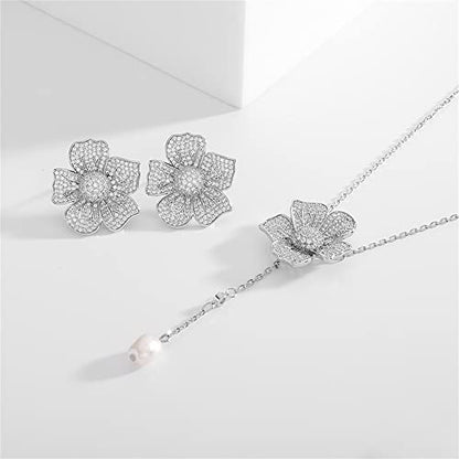 Crystal Flower Drop Y Necklace for Women Cubic Zirconia Diamond Shell Pearl Charms Pendant Choker Chain Adjustable Fashion Shiny Wedding Birthday Anniversary Jewelry Gift Box