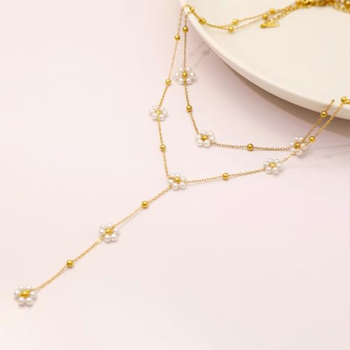 Dainty Layered Pearl Choker Necklace for Women Dainty Chain Necklaces Daisy Pearls jewelry Valentine Day Graduation Bride Gifts - color: daisy flower pearl