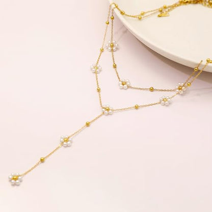 Dainty Layered Pearl Choker Necklace for Women Dainty Chain Necklaces Daisy Pearls jewelry Valentine Day Graduation Bride Gifts - color: daisy flower pearl