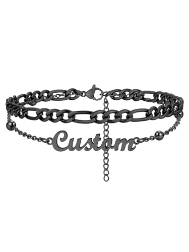 Custom4U Custom Name Anklet Bracelets for Women Waterproof Beaded/Figaro/Cuban/Rope/Wheat Chain Anklet Stackable Gold Plated Non Tarnish Custom Beach Gift Barefoot Summer Jewelry for Her - color: C03-Black Figaro Chain