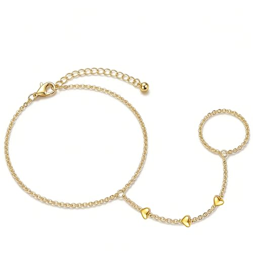 Evil Eye, Heart, Cross-Gold Ring Bracelet Hand Chain Layered Finger Bracelets for Women Delicate Link Chain Jewelry - style: 3 hearts
