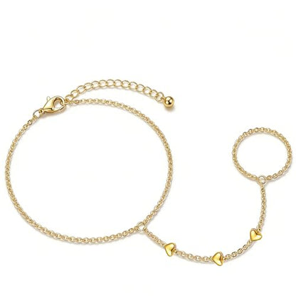 Evil Eye, Heart, Cross-Gold Ring Bracelet Hand Chain Layered Finger Bracelets for Women Delicate Link Chain Jewelry - style: 3 hearts