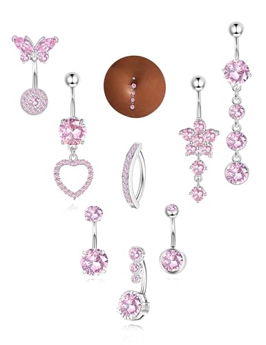 ORAZIO Gold Belly Button Ring Dangle Hypoallergenic Surgical Stainless Steel Belly Rings for Women 14G Belly Button Piercing Cute Navel Ring Belly Piercing Jewelry - color: Pink
