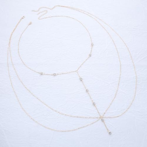 Rhinestone Body Chain Jewelry for Women Layered Diamond Cz Body Necklace Crystal Crossover Belly Waist Chain Bikini Accessory - color: Gold