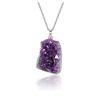 Jovivi Natural Amethyst Cluster Crystal Necklace for Women Men,Irregular Raw Rough Amethyst Quartz Stone Pendant Necklace Jewelry for Spiritual Reiki Healing,Beauty, Love and Positive Energy - color: Silver Plated