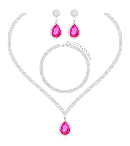 Elegant Silver Crystal Wedding Necklace Earrings Bracelet Jewelry Set for Women Brides Bridesmaids Prom Party Costume Accessory Bridal Jewelry - color: silver-hot pink