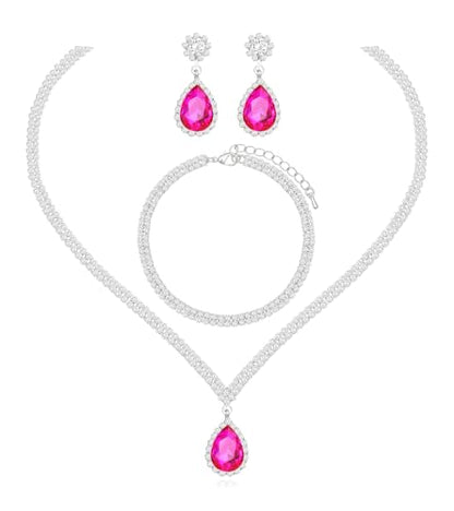 Elegant Silver Crystal Wedding Necklace Earrings Bracelet Jewelry Set for Women Brides Bridesmaids Prom Party Costume Accessory Bridal Jewelry - color: silver-hot pink
