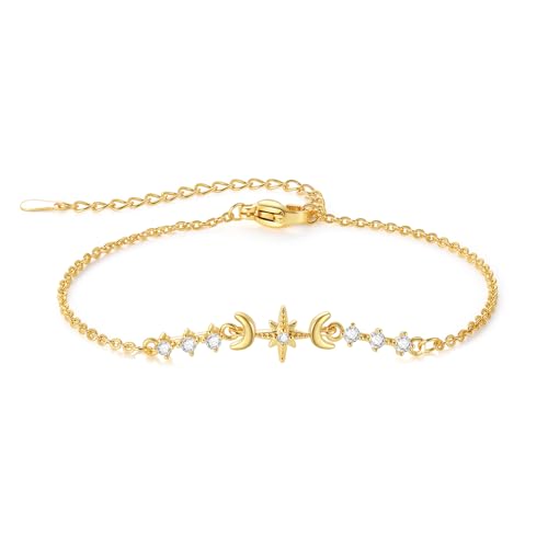 18K Gold Plated Star and Moon Bracelet for Women, Dainty Cubic Zirconia Celestial Adjustable Bracelet, Minimalist Everyday Jewelry Gift for Her