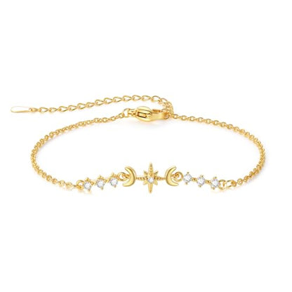 18K Gold Plated Star and Moon Bracelet for Women, Dainty Cubic Zirconia Celestial Adjustable Bracelet, Minimalist Everyday Jewelry Gift for Her
