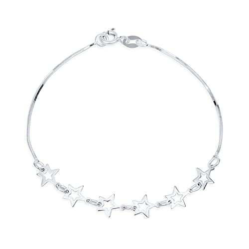 Dainty Celestial Holiday Layering American USA Patriotic Multi Open Lucky Stars Rock Star Bracelet For Women Teen Polished .925 Sterling Silver 7-7.5 Inch