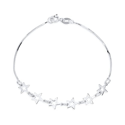 Dainty Celestial Holiday Layering American USA Patriotic Multi Open Lucky Stars Rock Star Bracelet For Women Teen Polished .925 Sterling Silver 7-7.5 Inch