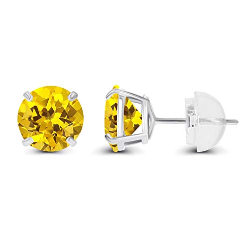 Solid 925 Sterling Silver Gold Plated 6mm Round Genuine Birthstone Gemstone Hypoallergenic Stud Earrings For Women - color: Created Yellow Sapphire