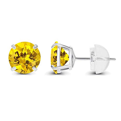 Solid 925 Sterling Silver Gold Plated 6mm Round Genuine Birthstone Gemstone Hypoallergenic Stud Earrings For Women - color: Created Yellow Sapphire