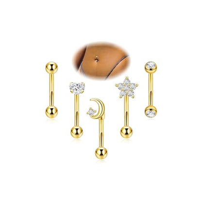 5Pcs 14G 316L Stainless Steel Small Belly Button Ring for Women Petite Navel Rings Tiny Hypoallergenic Belly Ring Cubic Zirconia Simple Belly Piercing Jewelry 6/8/10/12MM - color: Gold, size: G-10MM