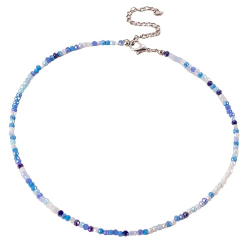Dainty Colorful Crystal Beaded Chain Adjustable Lightweight Choker Necklace Handmade Bohemian Shiny 3mm Rice Stone Beads Necklace Boho Summer Beach Jewelry for Women - color: blue