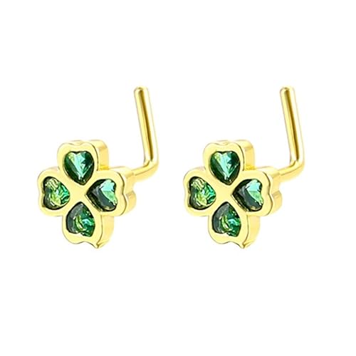 2Pcs 20G CZ Four Leaf Clover Nose Studs Rings for Women Gold Silver L-Shaped Surgical Steel Nose Stud Ring ST Patricks Day Nose Nostril Piercing Jewelry - color: Gold