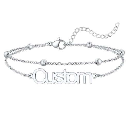 U7 Custom Layered Ankle Bracelets for Women Stainless Steel Bead/Cuban/Figaro/Rope/Wheat Chain Anklet Waterproof Anklet Jewelry for Beach Vacation - color: b-Silver-Bead Chain
