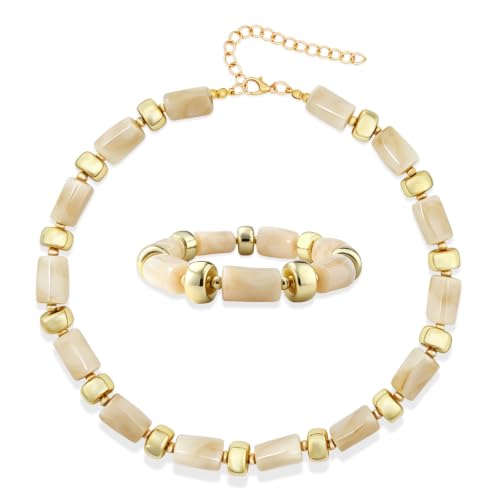 YBMYCM Colorful Resin Beaded Necklace Bracelet Set for Women, Adjustable Chunky Choker Necklace with Stretch Bracelet, Boho Statement Summer Beach Jewelry Gift for Her - color: Beige