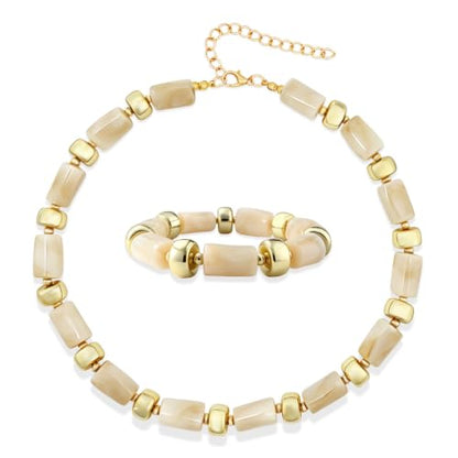 YBMYCM Colorful Resin Beaded Necklace Bracelet Set for Women, Adjustable Chunky Choker Necklace with Stretch Bracelet, Boho Statement Summer Beach Jewelry Gift for Her - color: Beige