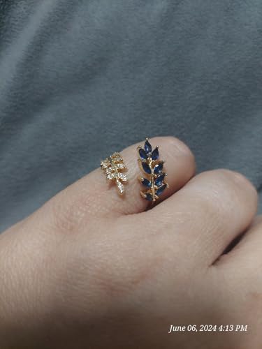 Adjustable Open Leaf & Vine Ring with Gemstone & Diamond | Cuff Deco Ring for Women Men | Adjustable Cuff Vine Leaf Deco Rings - color: Gold Blue