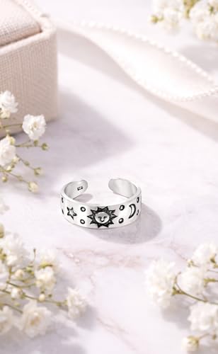 AeraVida .925 Sterling Silver Adjustable Toe Ring or Pinky Ring 5mm Wide Open Band, Stackable Minimalist Summer Foot Jewelry | Sun Moon Star Turtle Butterfly Leaf Olive Branch Ocean Wave Yin Yang Design - style: Celestial Sky 5