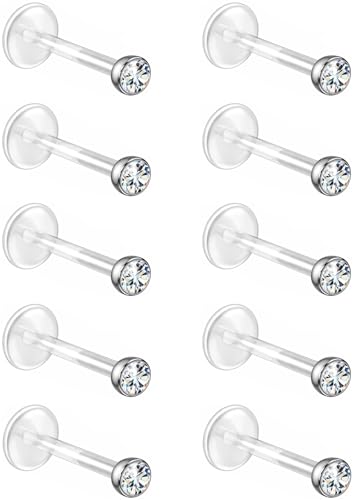 Bioflex Labret Plastic Lip Piercing Jewelry for Monroe, Medusa, Ashley and Cartilage Piercings, Tragus, Conch, Helix, Daith - 16g Clear Post Studs with Push-In CZ Crystals - color: Clear, size: 9mm