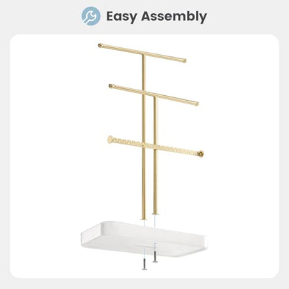 Lolalet Jewelry Necklace Holder with Ceramic Base, 14.2" Gold Jewelry Display Stand with Velvet Ring Tray Jewellery Organizer for Necklaces Bracelets Earrings
