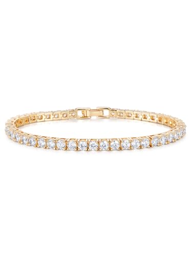 5A Cubic Zirconia Tennis Bracelet for Women, Rhodium/Yellow Gold Plated Hypoallergenic, Birthday Wedding Anniversary Jewelry - color: Prong setting - Yellow Gold
