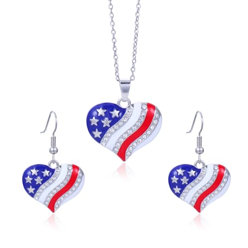HUJUON American Flag Pendant Necklace Earring Set for Women 4th Of July Butterfly Drop Dangle Hook Earring Independence Day Usa Patriotic Choker Jewelry Gift - color: Heart Silver