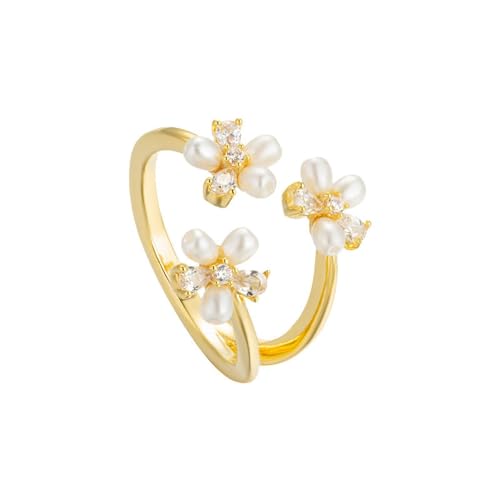 Kokoma Dainty Flower Ring for Women Sparkling Cubic Zirconia Daisy Open Statement Rings Pearl Chic Engagement Promise Ring Wrap Finger Band - color: Pearl