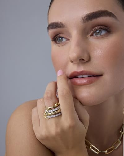 PAVOI 14K Gold Plated Interlocked Stackable Rings for Women - Statement Mixed Metals Multi Ring Stack - Cubic Zirconia Two-Toned Connected Bands Stacking Jewelry - style: Thick Bands & CZ - Two Toned