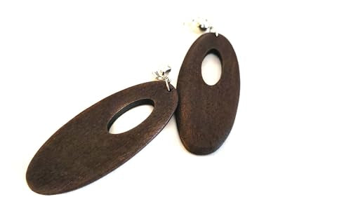 Clip-on Earrings Wood Earring Oval Hoop Brown or Black Earrings Silver Tone Clip - color: Dark Brown