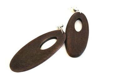 Clip-on Earrings Wood Earring Oval Hoop Brown or Black Earrings Silver Tone Clip - color: Dark Brown