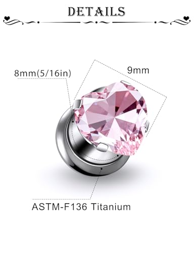 Astm F136 Titanium Heart CZ Ear Gauges Screw Fit Flesh Tunnels Plugs Gauges Earring Expander Stretcher Ear Tunnels For Ears 10G 8G 6G 4G 2G 0G 00G Plug Earrings Piercing Jewelry For Women Men - color: 0G Gauges,Pink CZ