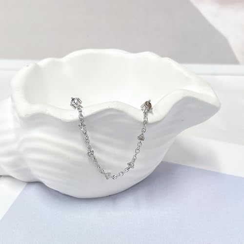 Zircons Stud Earrings For Women Double Studs Chain Tassel Piercing Earring 18K Gold Plated Cartilage Cubic Zirconia Two Hole Wedding Climber Crawler Wrap Earrings Threader Dangle Eternity Gift Mom Bff - color: Silver