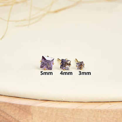 12 Pairs Surgical Stainless Steel Stud Earring Round Heart Star Square Cubic Zirconia Birthstone Stud Earrings Set for Women - color: Gold square 3mm